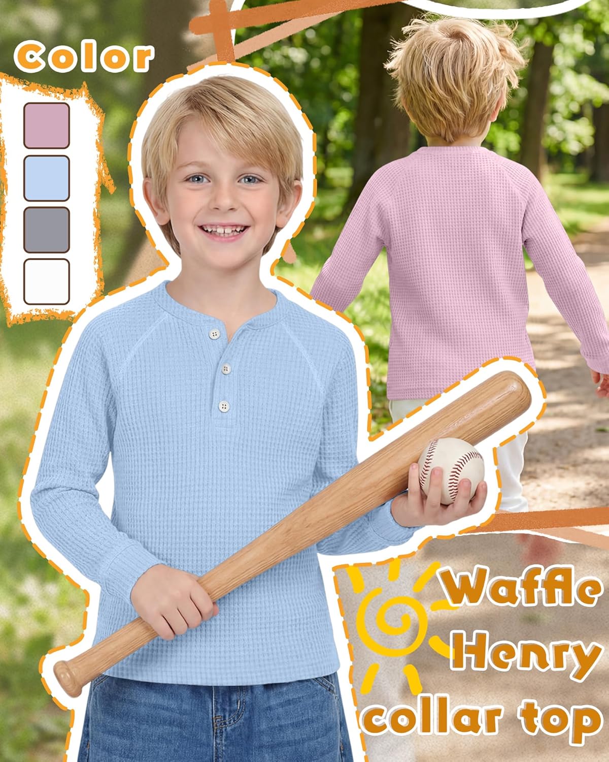 4 Pack Boys Girls Waffle Henley Long Sleeve Shirts Thermal Tops Raglan Unisex Basic Tee for Baby Toddler Kids - Image 3