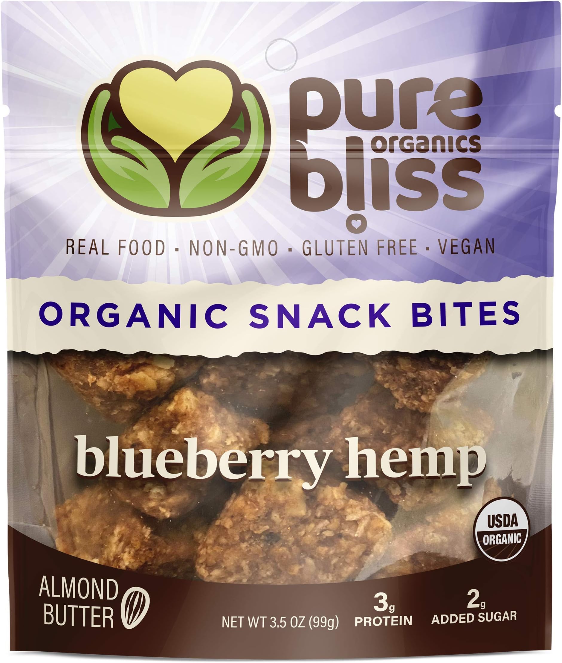 Organic Super Food Energy Bites - Blueberry Hemp - Non-GMO, Gluten Free, Vegan, Real Whole Food Healthy Snack Bites, Dairy Free, Soy Free Pure Bliss Organics: Blueberry Hemp 3-Pack x 3.5 oz