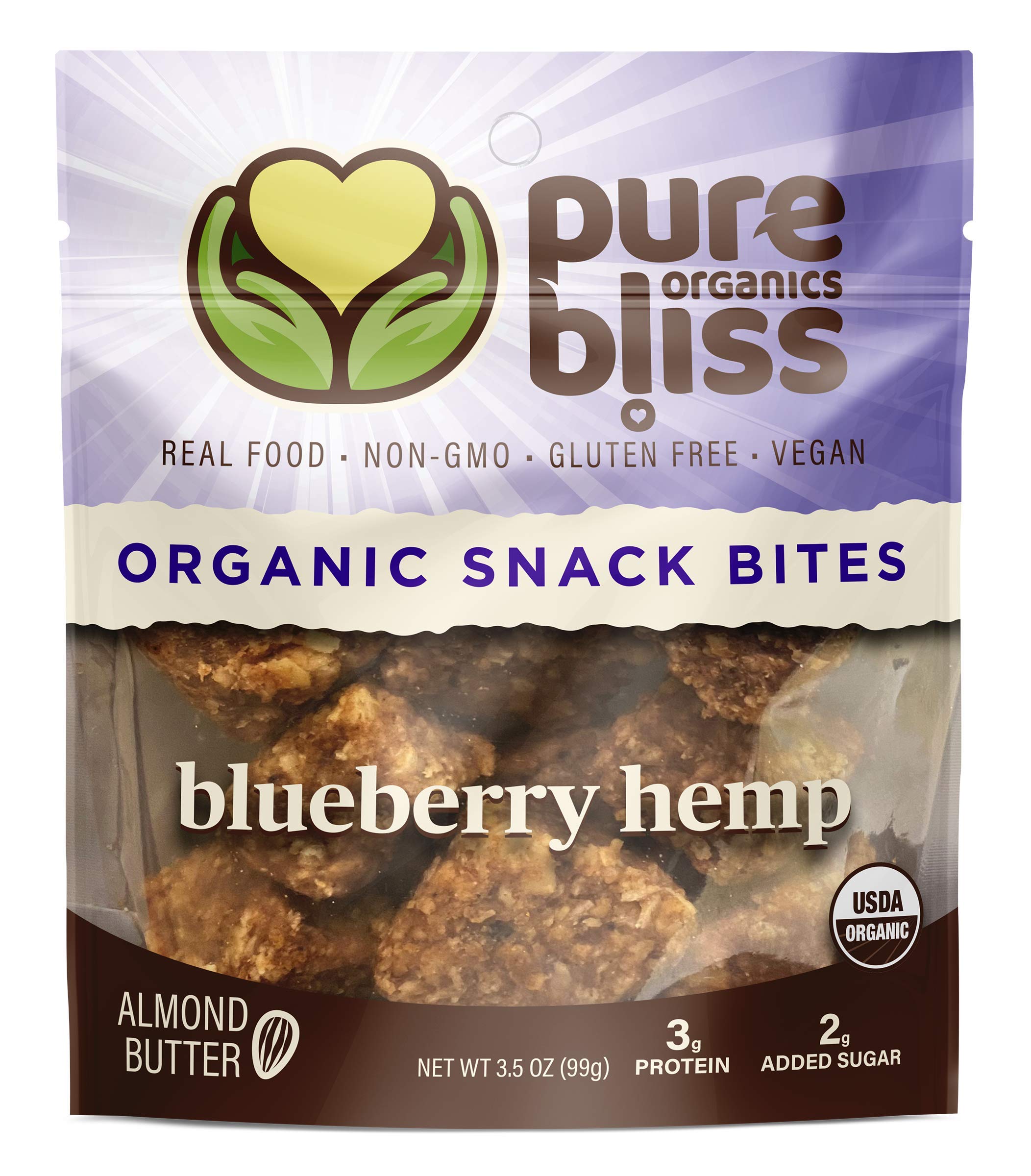 Organic Super Food Energy Bites - Blueberry Hemp - Non-GMO, Gluten Free, Vegan, Real Whole Food Healthy Snack Bites, Dairy Free, Soy Free Pure Bliss Organics: Blueberry Hemp 3-Pack x 3.5 oz