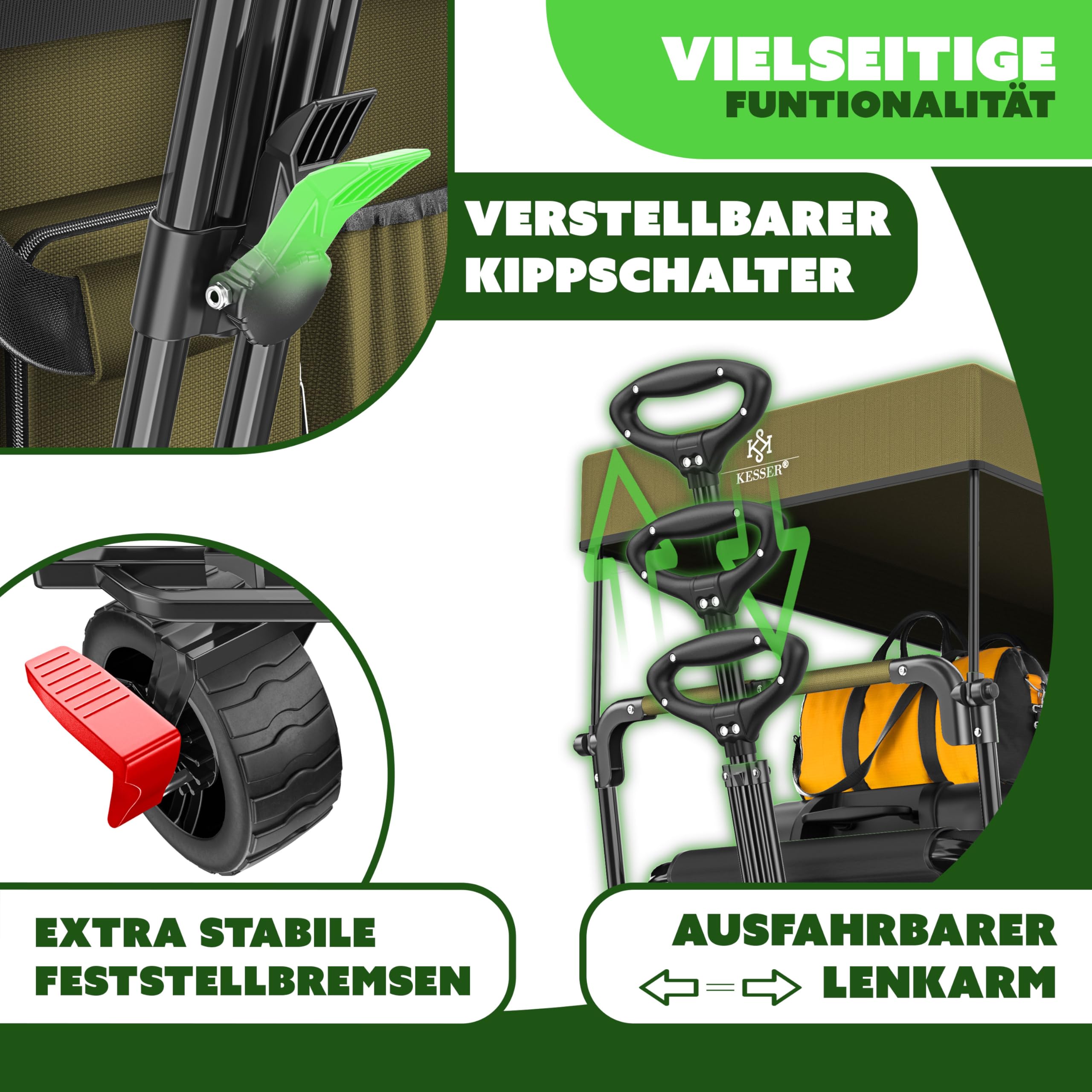 KESSER® Chariot de Transport GT9000 Pliable avec Toit | Charrette à Bras | Chariot de Transport | 2 systèmes de Ceinture à 3 Points fournis Pliable | capacité de Charge de 80 kg Maximum