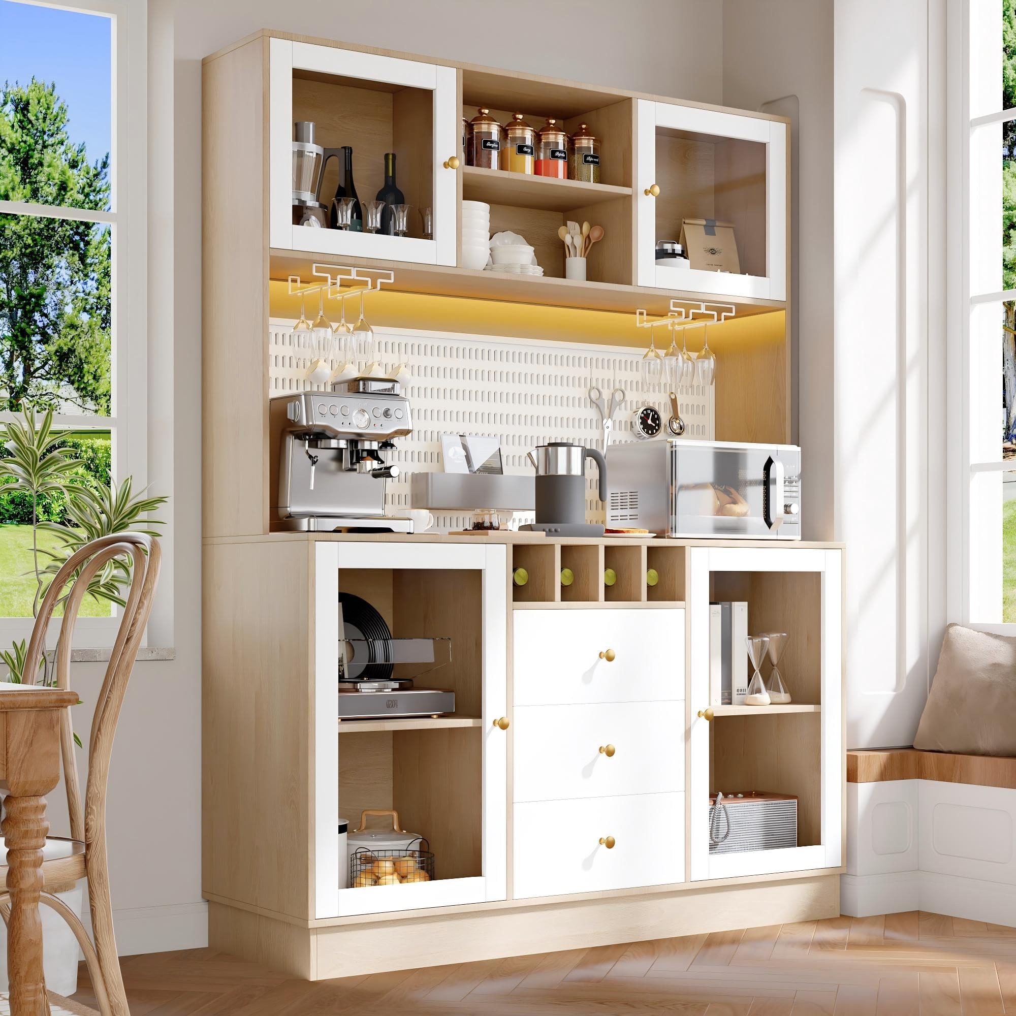 Alacena de Cocina Aparador Alto Moderno con LED y Placa Perforada, Armario Cocina con Botellero, Mueble Auxiliar Aparadores, 3 Cajones y 4 Puertas, Dispositivo Antivuelco, 140x40x185.7 cm,Blanco