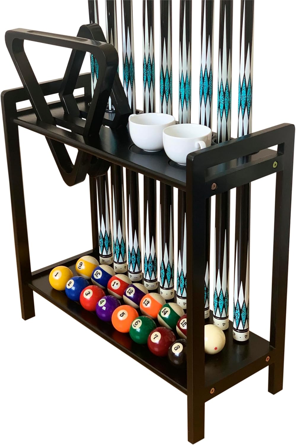 Pool Stick Holder Floor Stand Holds 9 Cues & Pool Table Accessories. Wooden 2-Tier Cue Stick Storage with Ball Rack Hangers, Billiard Cone Chalk Holder or Drink Pads