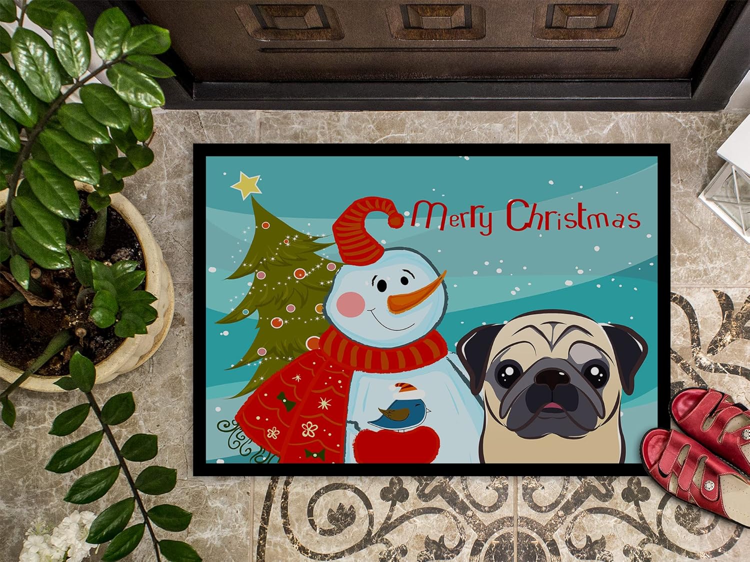 Caroline's Treasures BB1882JMAT Snowman with Fawn Pug Doormat 24x36 Front Door Mat Indoor Outdoor Rugs for Entryway, Non Slip Washable Low Pile, 24H X 36W