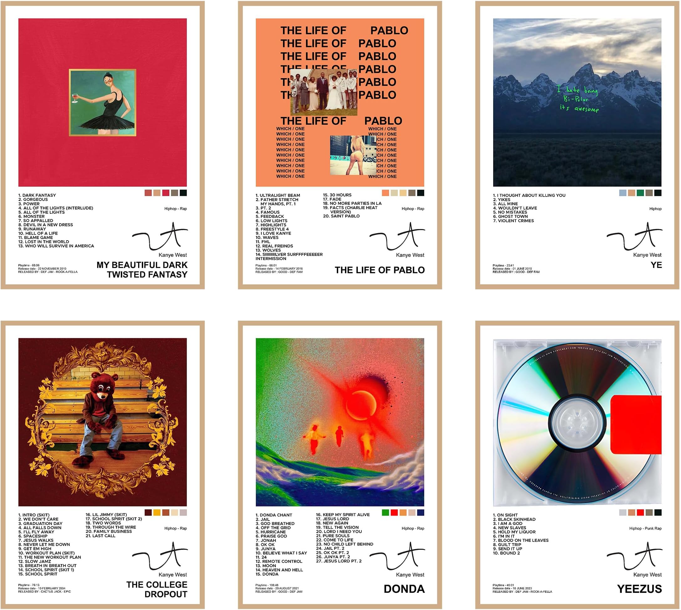 CodersParadise Paper Pack Of 6 - Kanye West Music Album Art Wall Posters 8X12 Inch (A4 Size) Included Glue Dots Wall Decor Posters Wall Art For Bedroom, Living Room, Office