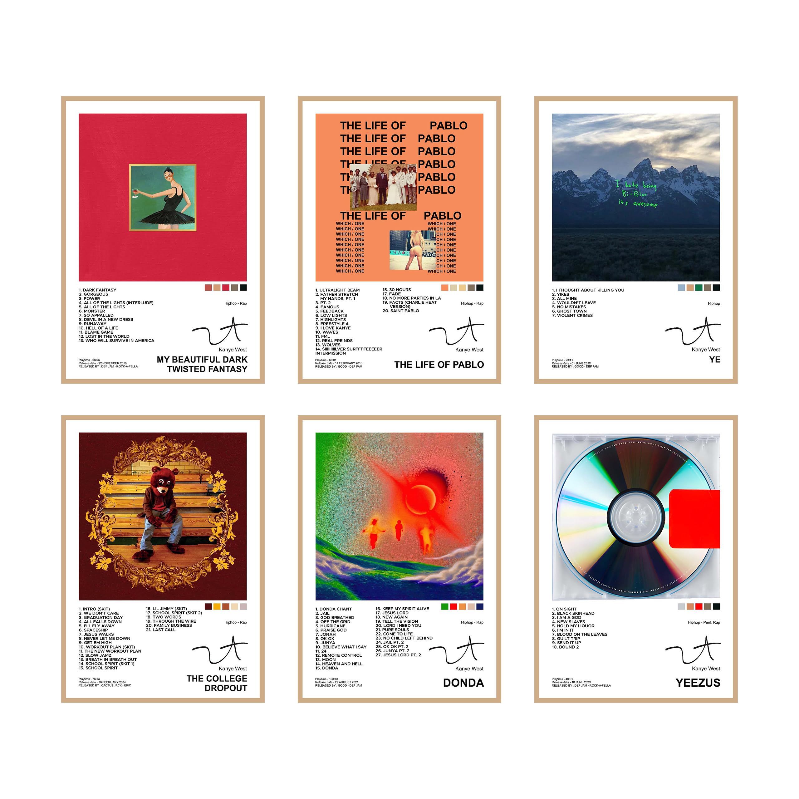 Paper Pack Of 6 - Kanye West Music Album Art Wall Posters 8X12 Inch (A4 Size) Included Glue Dots Wall Decor Posters Wall Art For Bedroom, Living Room, Office