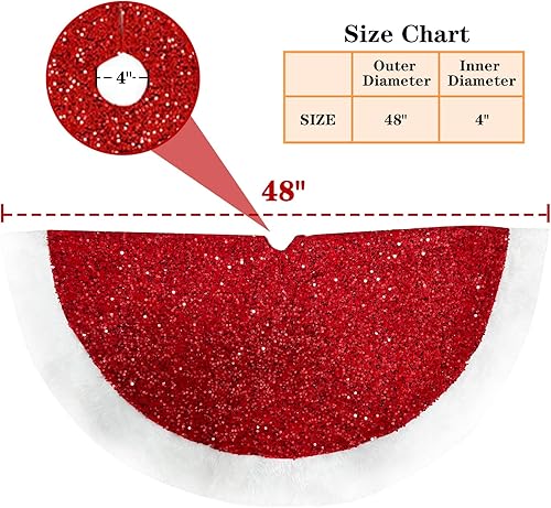 Miniatura 2 de Falda de árbol de Navidad roja de 48 pulgadas, falda de árbol de Navidad grande de piel sintética con lentejuelas, falda de árbol de Navidad de