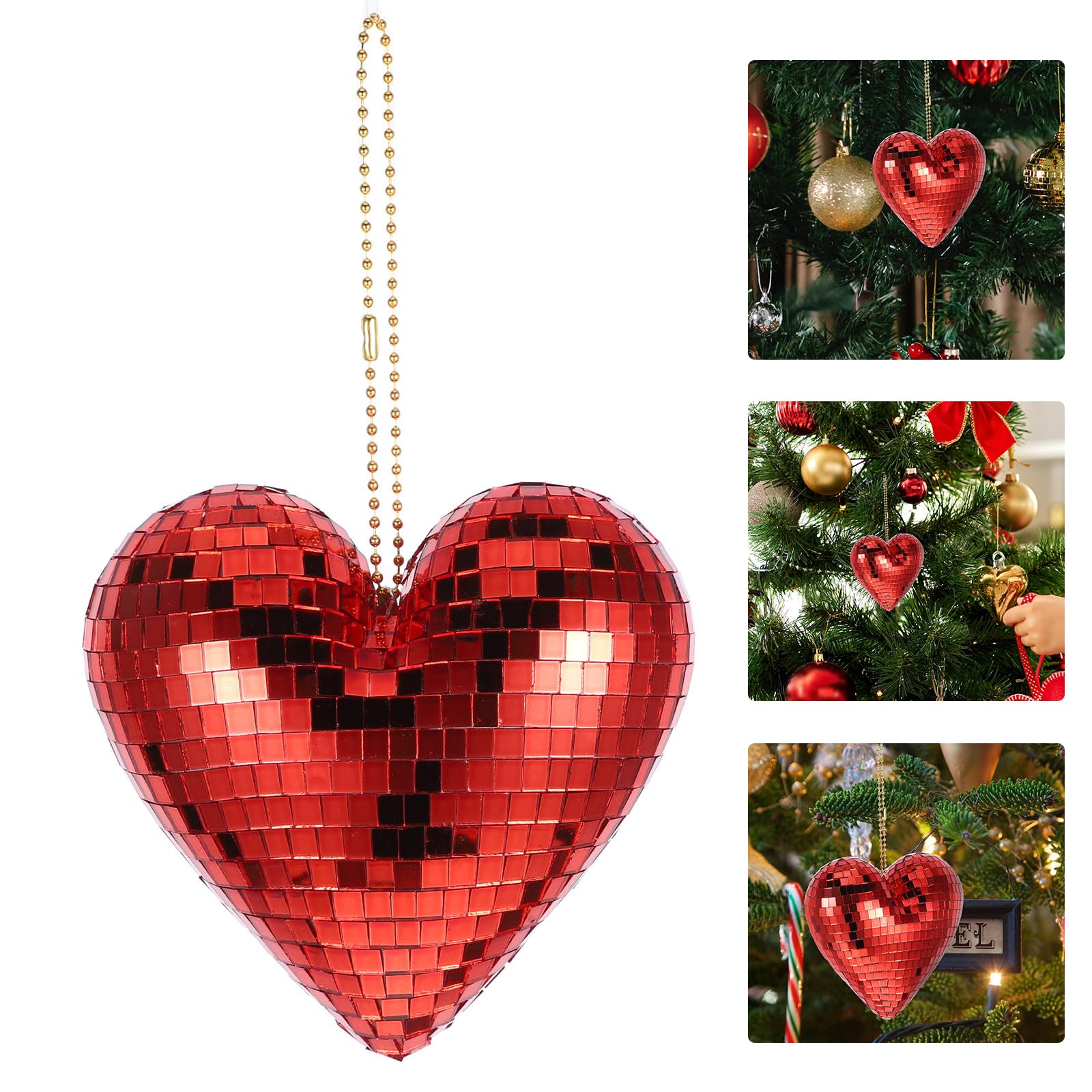 LOGOFUN Disco Ball Heart Shaped Disco Ball Hanging Pendents with Rope Glitter Heart Mirror Reflective Ball Ornaments for Disco Theme Party Favors - Red