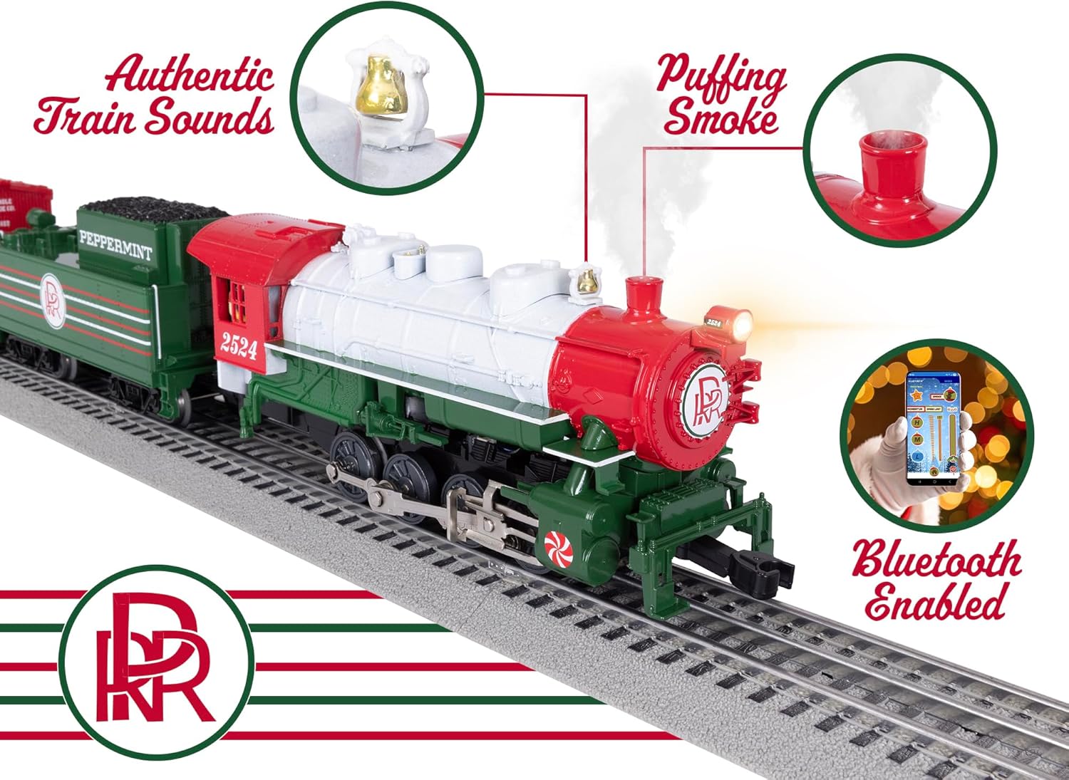 Lionel Peppermint Railroad 0-8-0 Christmas Freight LionChief Electric O Gauge Bluetooth 5.0 Train Set with Remote