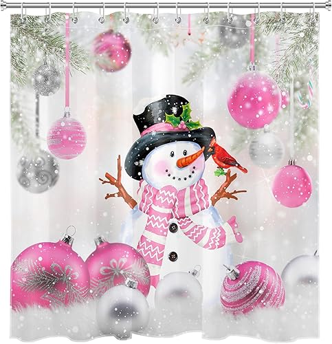 Miniatura 4 de Cortina de ducha de Navidad rosa para baño, bolas de Navidad y muñeco de nieve con cardenal rojo en la nieve, cortina de ducha con 12 ganchos,