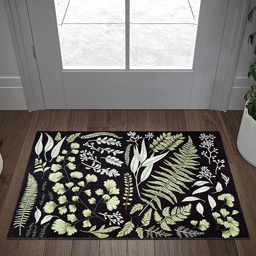 Bonito tapete botánico para puerta, ultrafino, de 2 x 3 pies, antideslizante, color negro y verde oscuro, tapete pequeño, lavable, estético con