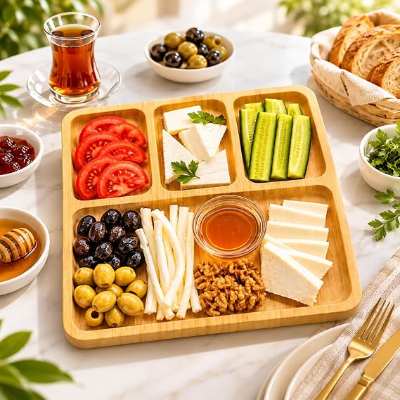 Bambu Kahvaltılık Sunum Tepsisi, Bölmeli Ahşap Servis Tabağı Doğal Bambu Kahvaltı ve Çerez Sunumluk (Kare)