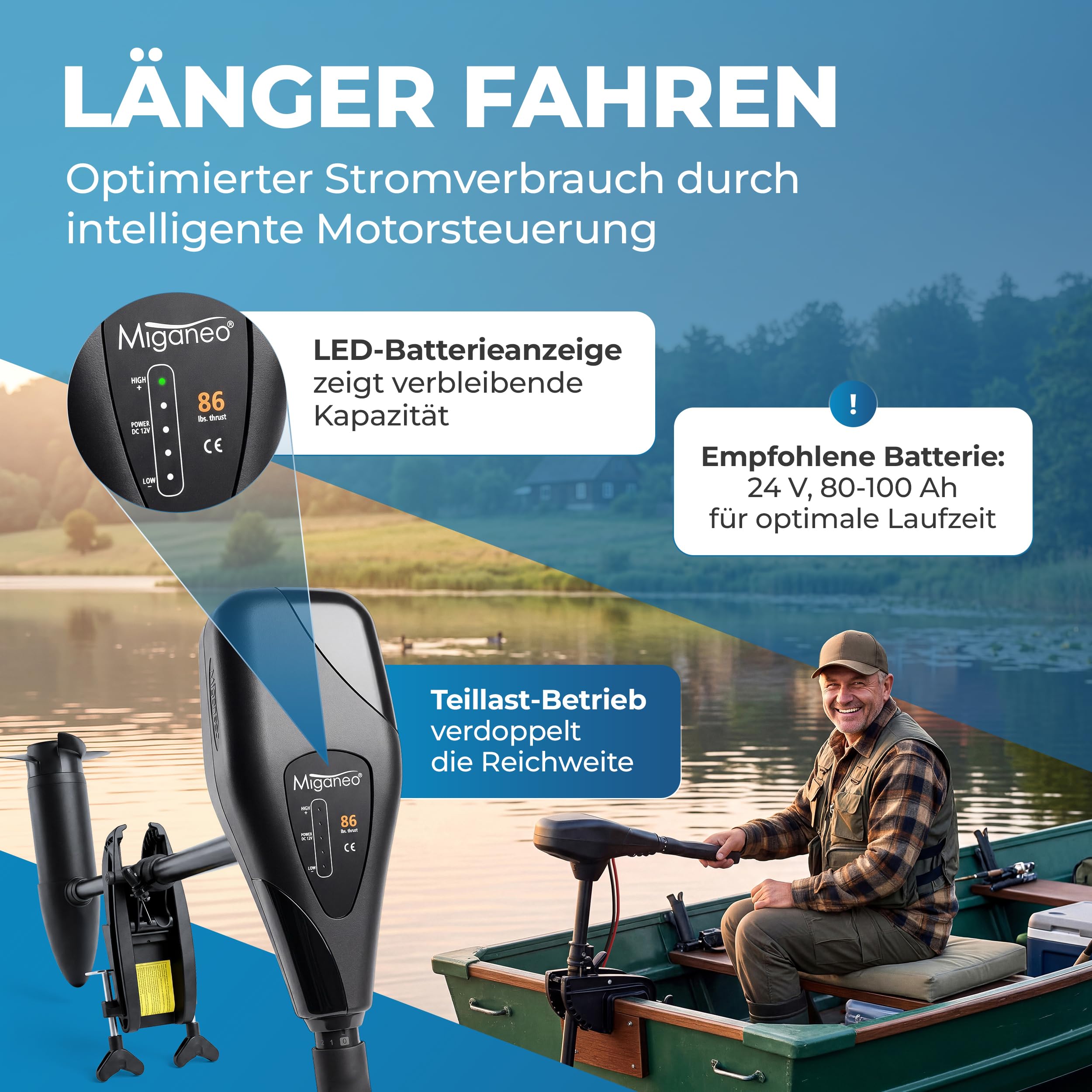 Miganeo Elektromotor Boot TRS 86 lbs – Elektro Außenborder 1152 Watt – Salzwassertauglich & mit LED Batterieanzeige – Bootsmotor Elektro 24V auch für Schlauchboote – 5 Vorwärts- & 3 Rückwärtsgänge
