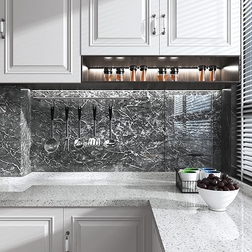 Miniatura 3 de KIKitchen Papel de contacto de mármol, 15.7 x 78.7 pulgadas, papel tapiz de mármol negro para despegar y pegar, papel tapiz autoadhesivo Revomable,