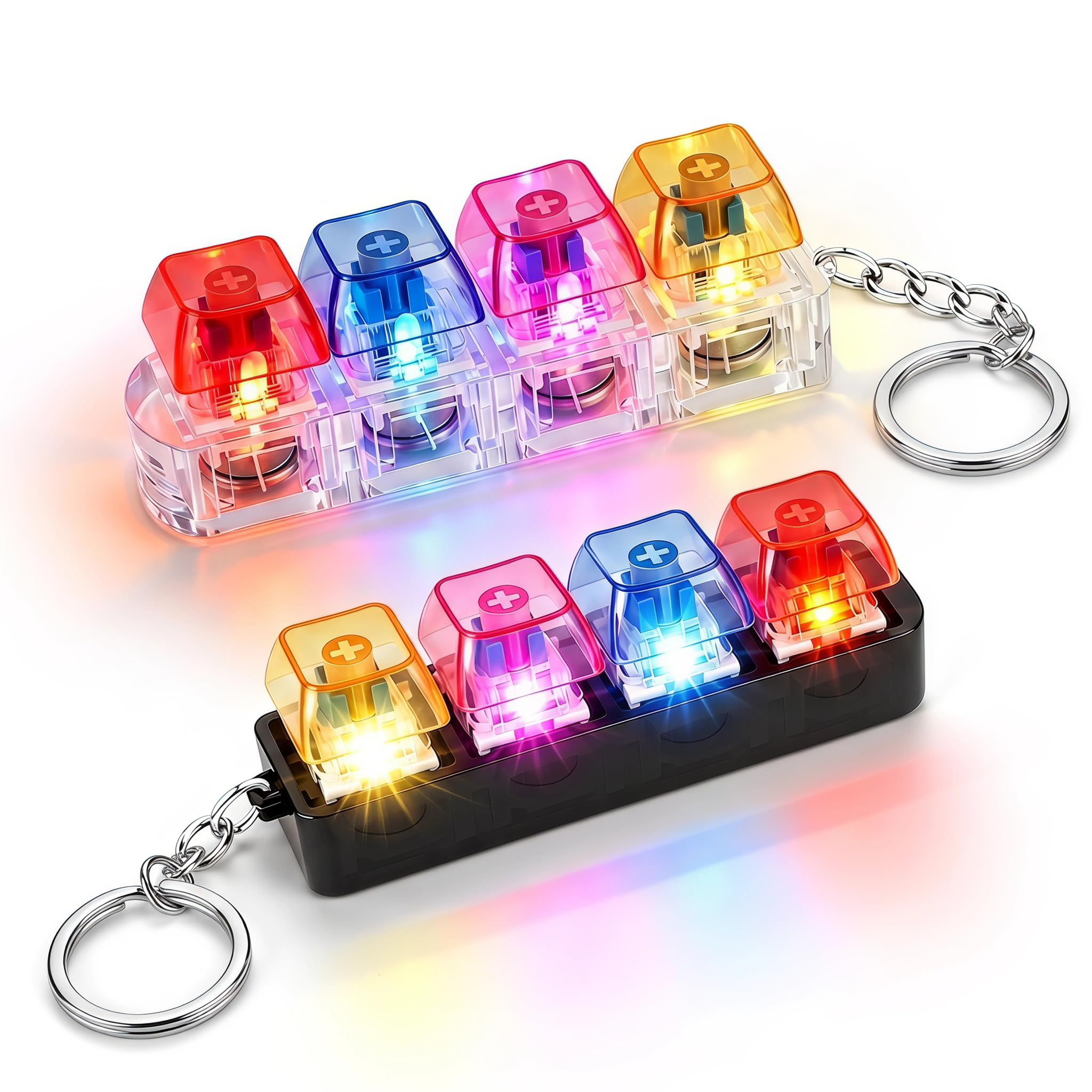 2 Pieces Light Up Keyboard Fidget Toy 4-Key Decompression Clicker with RGB Lights Portable Stress Relief Funny Keychain Toy for Adults Compact Desk Gadget for Home Office Travel (Colourful)
