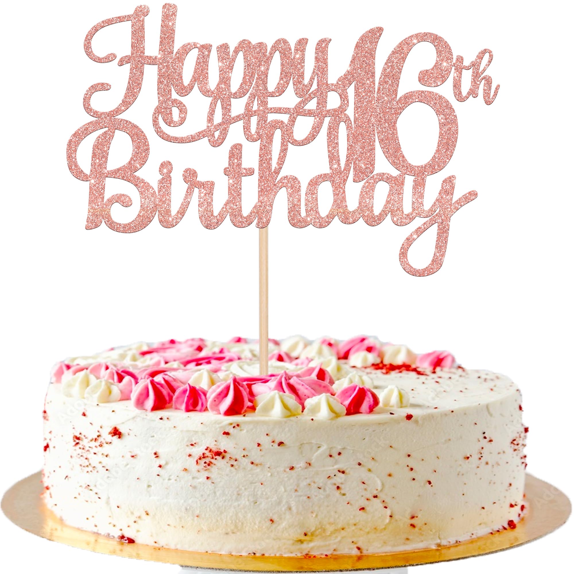 1 PCS Happy 16th Birthday Cake Topper Glitter Cheers to 16 Years Birthday Cake Pick Sweet 16 Fabulous Cake Decoration for Happy 16th Birthday Theme Party Decorations Supplies Rose Gold