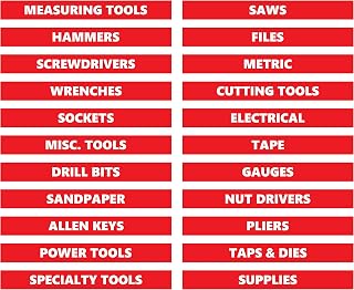 Toolbox Magnetic Labels – Red | 0.5”H x 4.5”W Size | 22-Piece Basic Set by DCM Solutions | Tool Drawer Organizer | Bold, Easy-to-Read | Strong Hold Magnets | Made in USA | Garage & Shop Use