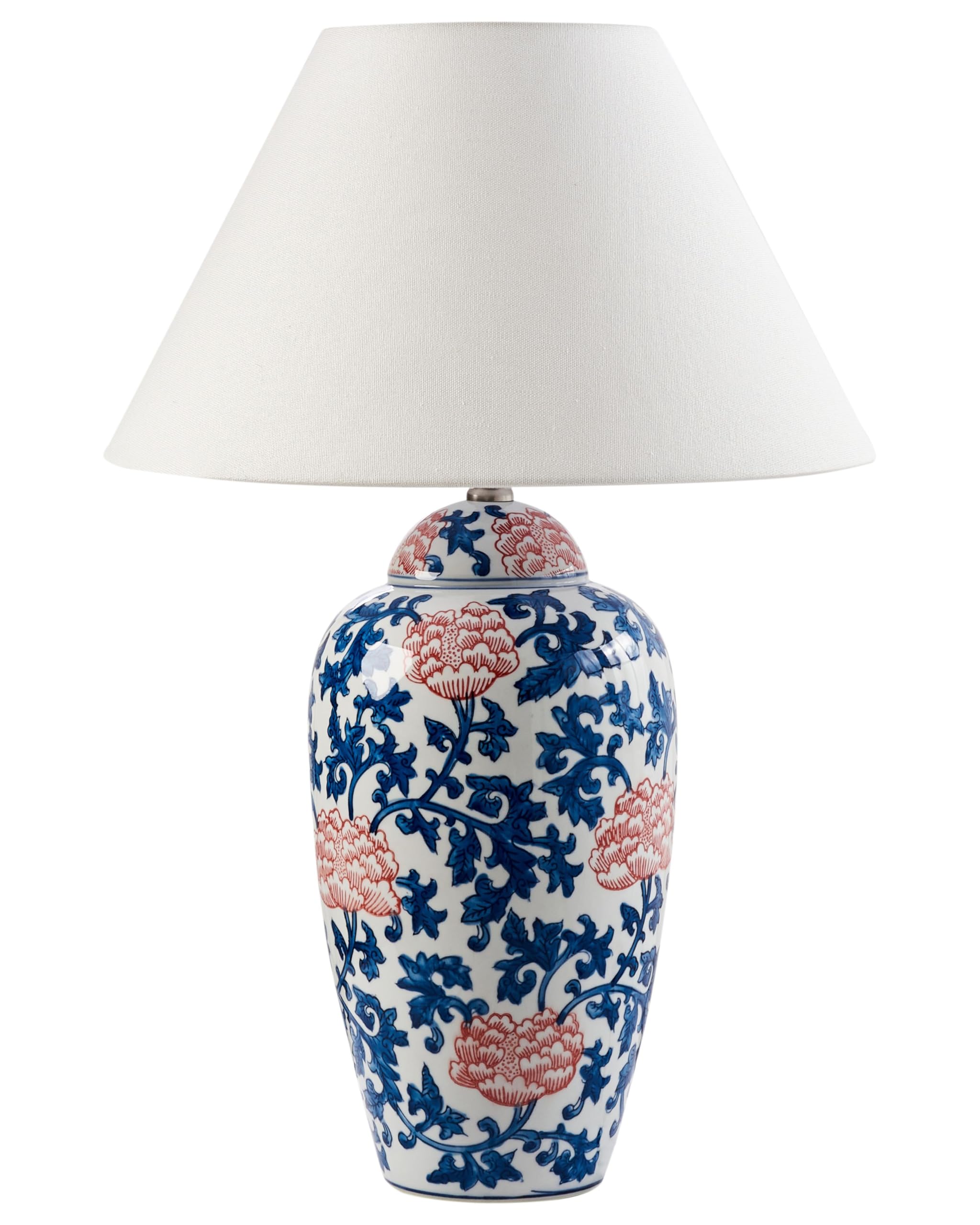 Stylowa lampa stołowa z kwiecistym wzorem porcelanowa podstawa lniany materiałowy klosz oświetlenie biało-niebieska Verusa
