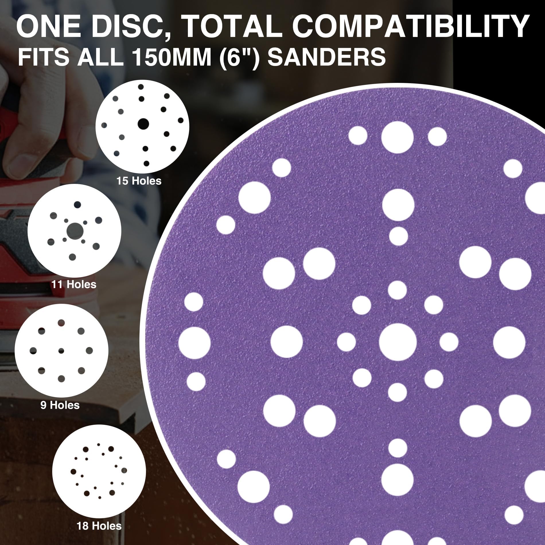Lot de 50 disques abrasifs de 150 mm, 47 trous, grain 240, papier abrasif en céramique de qualité supérieure, sans poussière et durable, pour ponceuses orbitales aléatoires