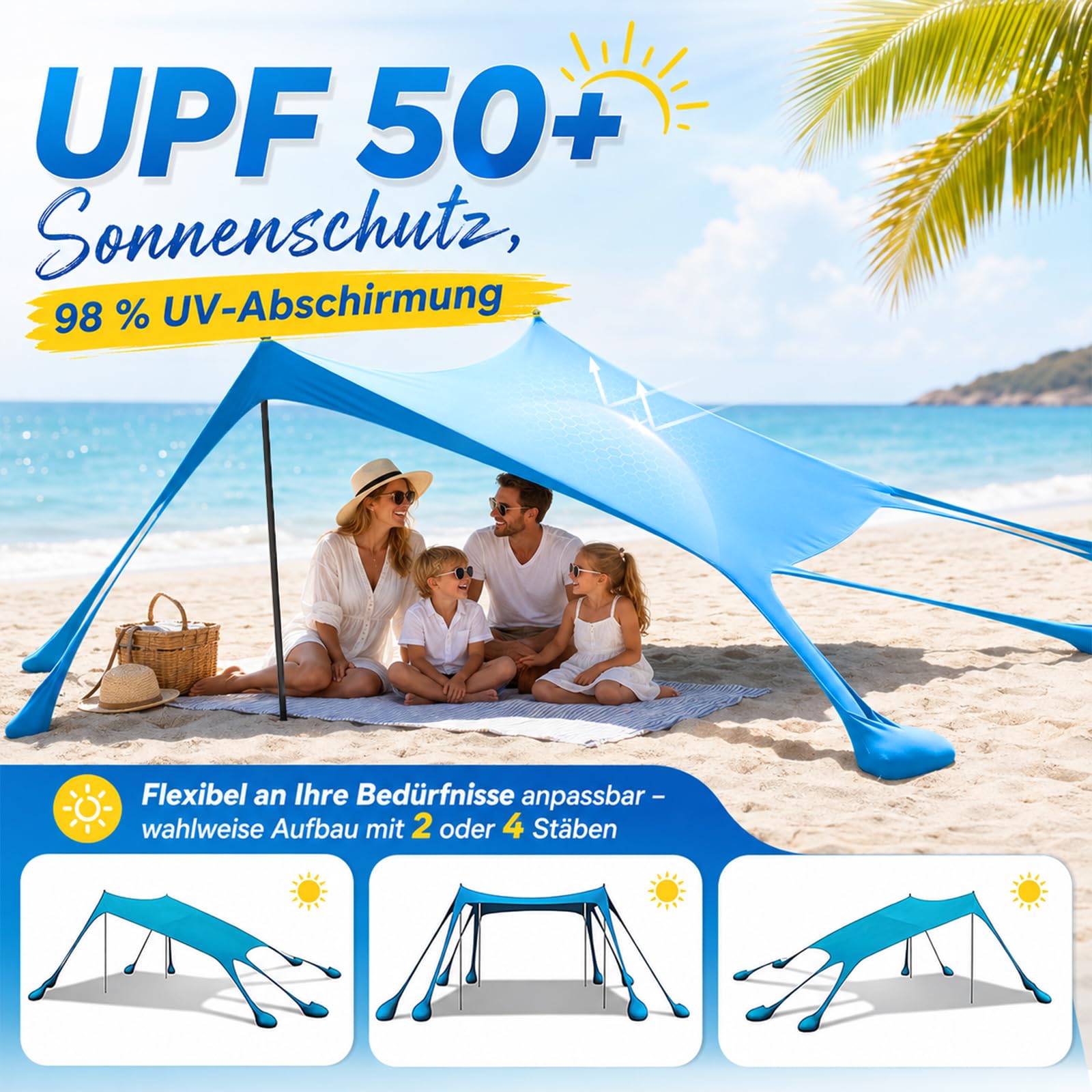 Tente de plage 3 x 3 m, protection solaire UPF50+ pour bébés et familles, montage en quelques secondes, 8 sacs de sable, maille respirante à 360°, cadre en aluminium stable, parfaite pour la plage, le