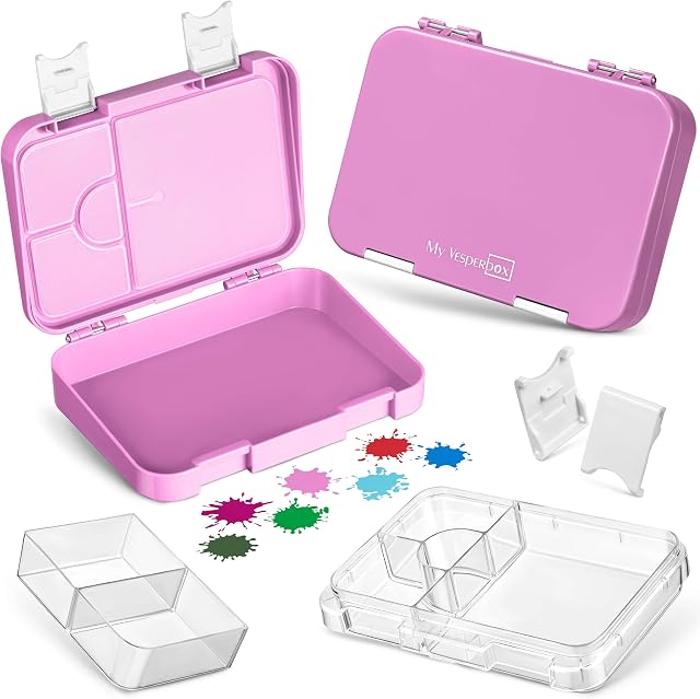My Vesperbox Len Bento Box pudełko na lunch dla dzieci, 4 + 2 przegródki, bardzo wytrzymałe pudełko na kanapki, idealne do przedszkola i szkoły (różowy, biały)