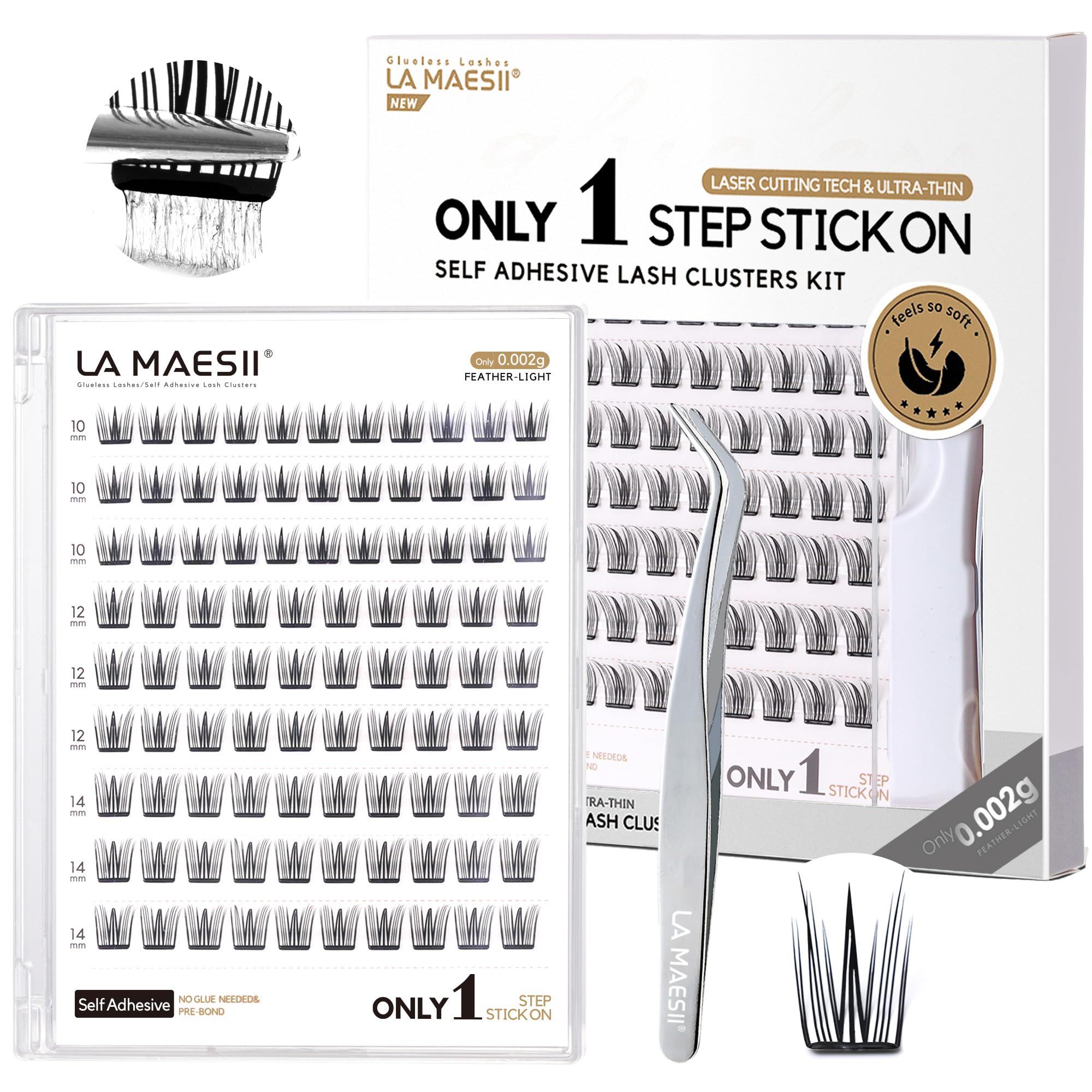 La Maesii Self Adhesive Eyelashes Kit, Natural Look 10-14mm Lash Clusters Kit Reusable Lash Clusters Pre-Glued DIY Eyelash Extensions, No Glue Needed,