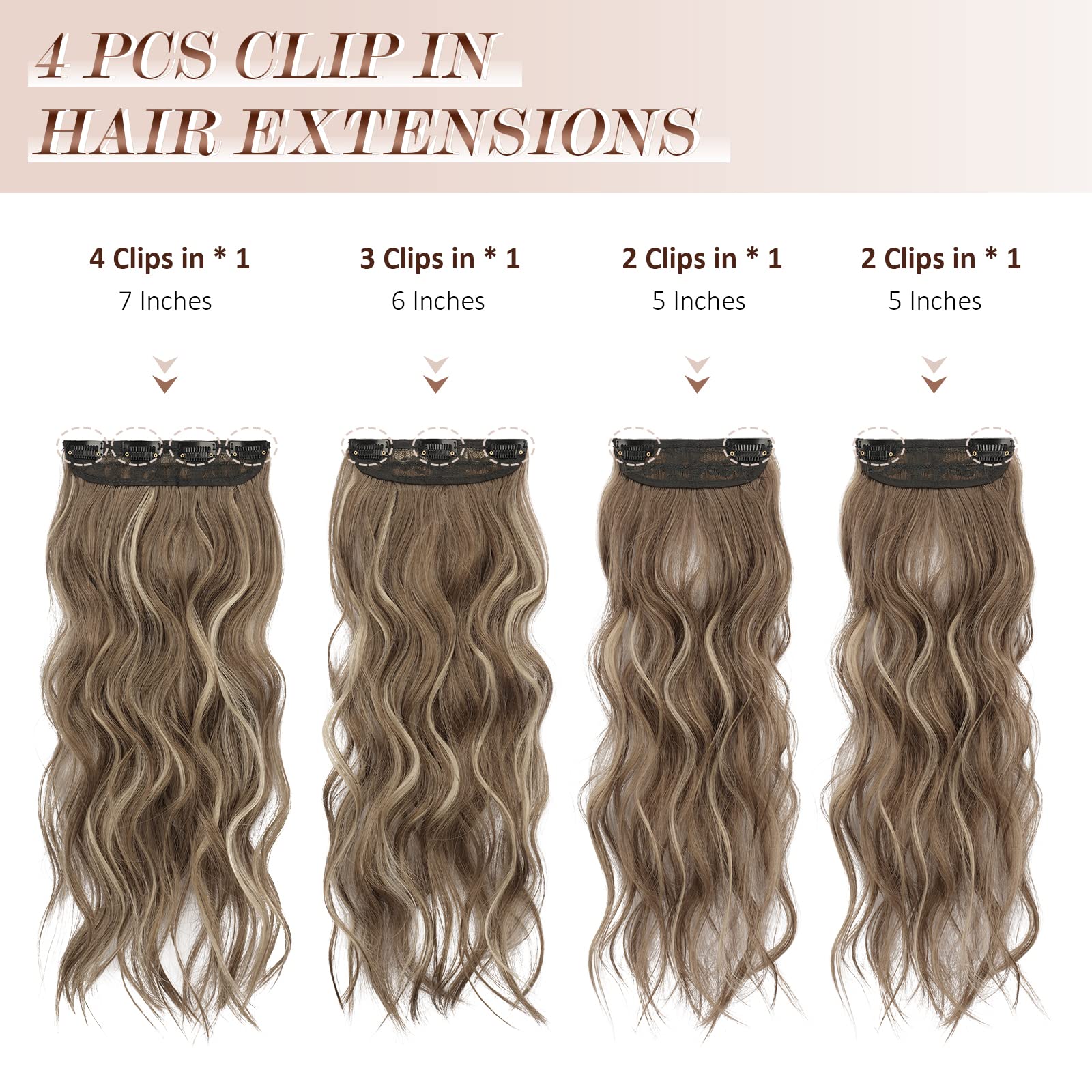 FESHFEN Clip in Hair Extensions 4 PCS Thick Highlight Hairpieces Long Wavy Clip in Hair Piece Full Head Synthetic Hair Extensions for Women 20 Inches Brunette Mixed Ash Blonde - Image 2