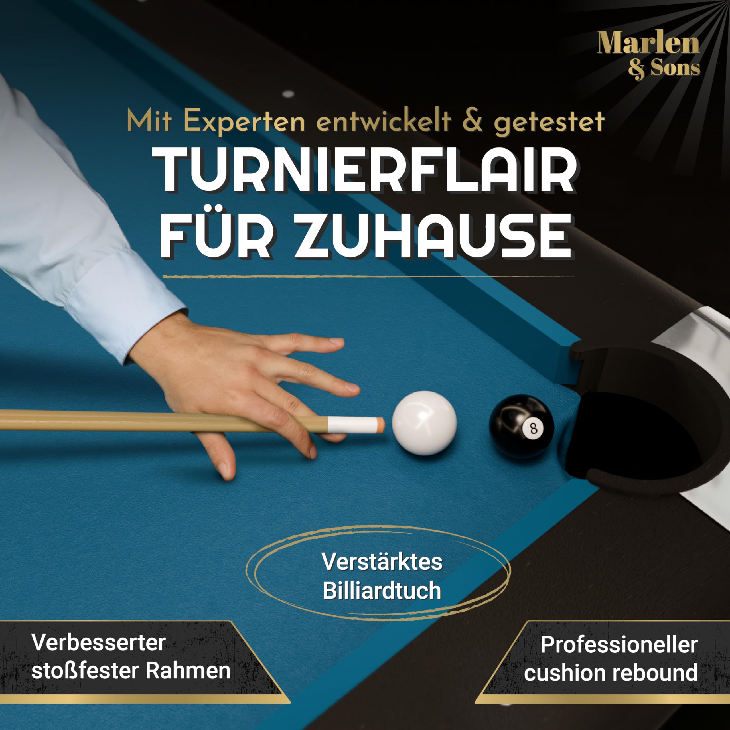 Marlen & Sons Billardtisch - CueMaster 8FT Billiard Tisch mit Auto Kugelrückführung - Billiardtisch 244 x 132 cm inkl. Zubehör-Komplettset
