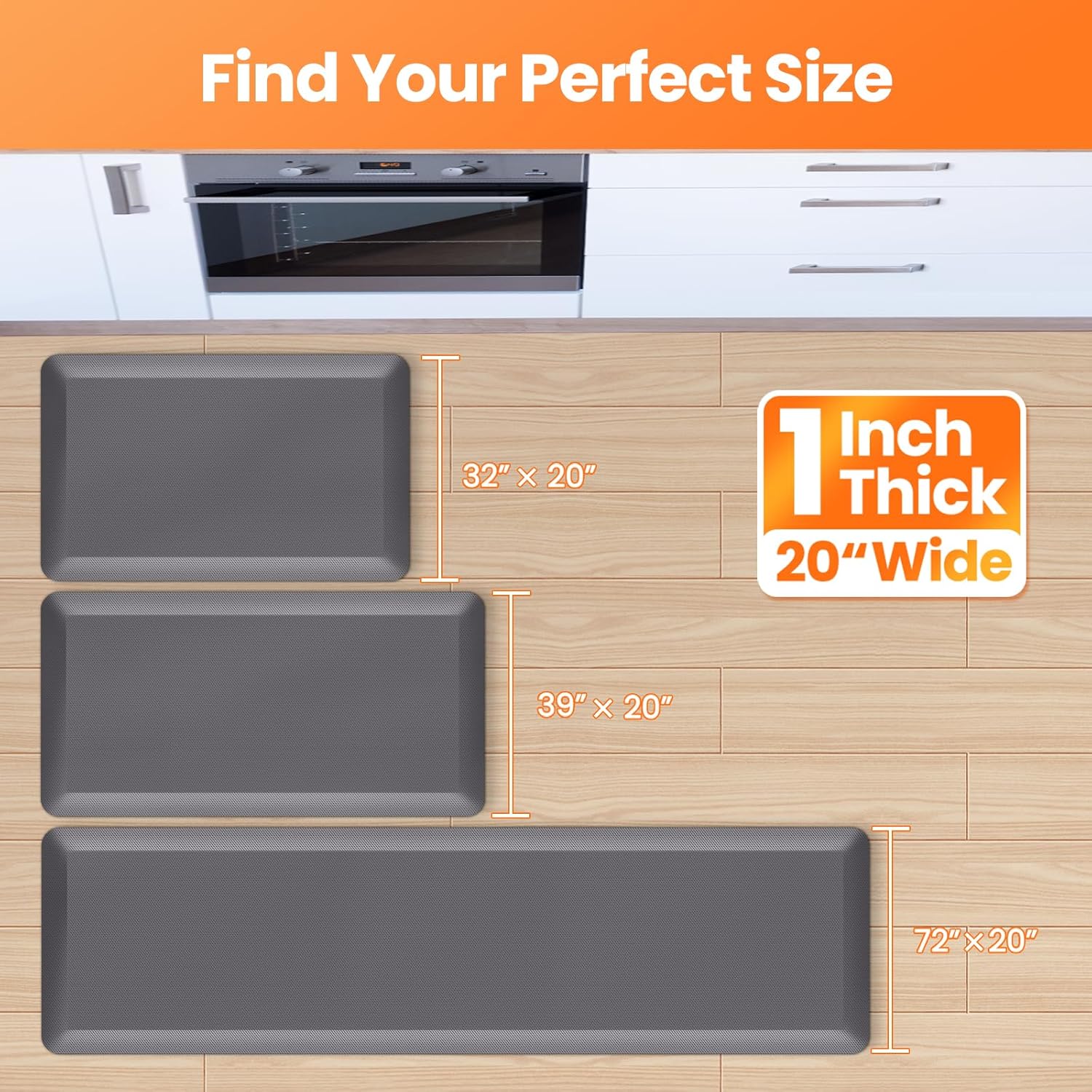Kitchen Mats for Floor, 1 Inch Extra-Thick Kitchen Rugs, Non-Slip & Waterproof Standing Desk Mat, Comfort Anti Fatigue Mats for Kitchen Floor, Home, Sink, Office (20" X 39", Grey)