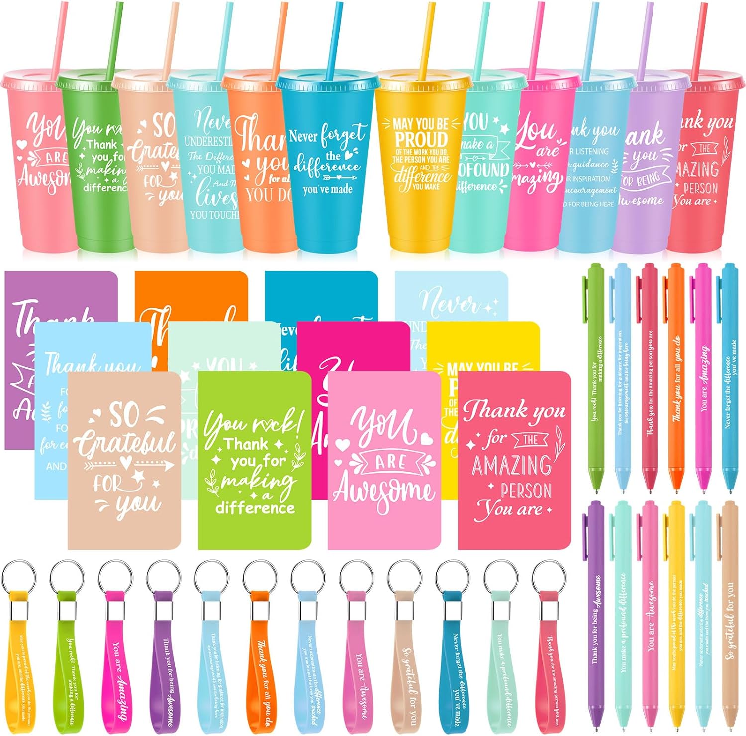 48 Pcs Inspirational Appreciation Gifts Thank You for Employee Coworker, 24 oz Plastic Cup with Lid Straw Notebooks Ballpoint Pens Keychain for Thanksgiving Christmas Gifts (Pastel Color)