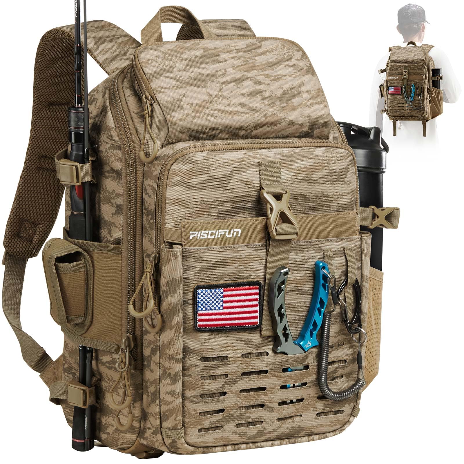 Piscifun Fishing Tackle Backpack with Rod & Gear Holder, Lightweight Fishing Tackle Storage Bag with Protective Rain Cover