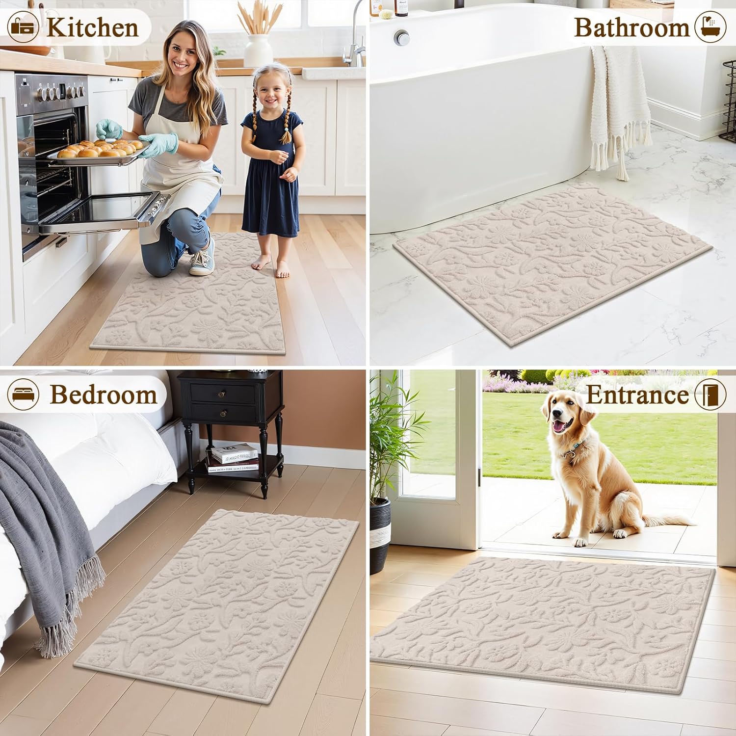 Vaukki 2x3 Runner Rug for Living Room, Soft Fluffy Washable Modern Floral Indoor Floor Mat, Non Slip Shaggy Boho Accent Throw Carpet for Bedroom, Living Room, Entryway and Dining Room, Beige