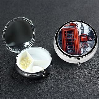 Pill Box 3 Compartment Metal Medicine Pill Organizer England UK Retro London Telephone Pill Case for Purse or Pocket Cute Mini Portable Pill Holder Travel Pill Container to Hold Supplements, Fish Oil