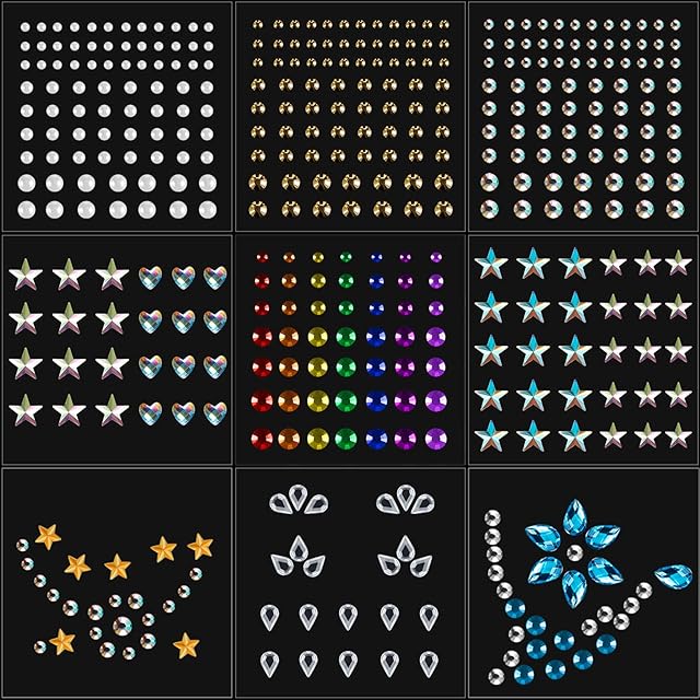 9 Sheets Eye Body Face Gems Jewels Rhinestone Stickers Self Adhesive Crystal Rainbow Makeup Diamonds Face Stick Gems for Women Festival Accessory and Nail Art Decorations (Star and Bead)