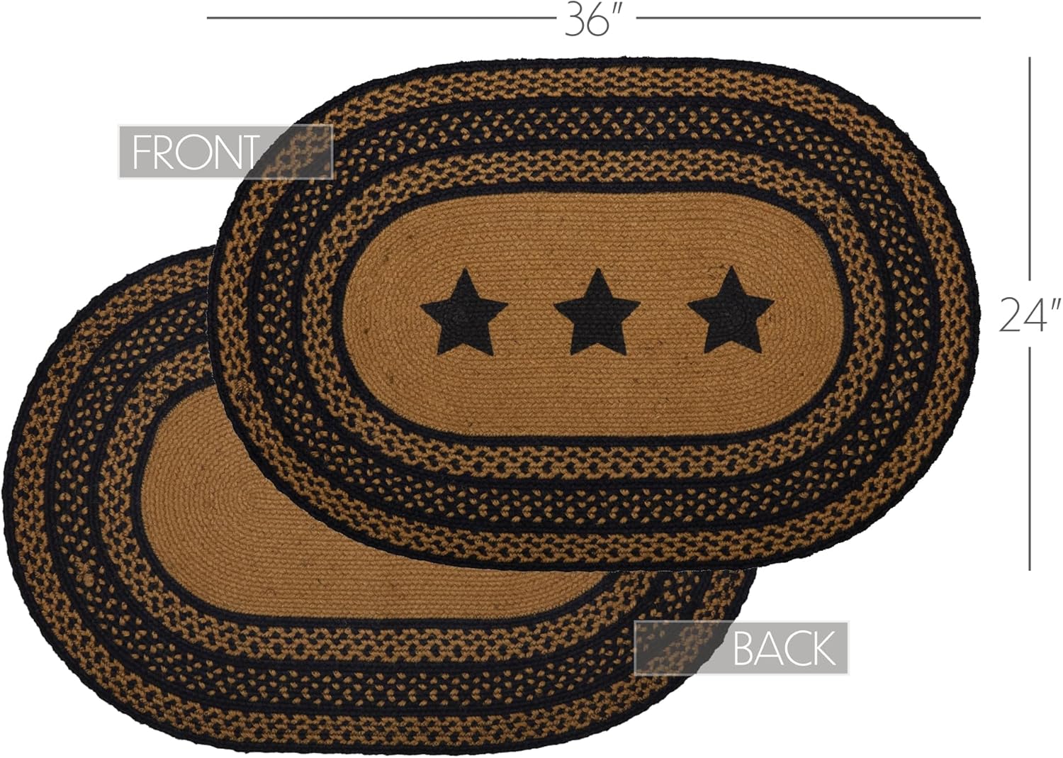 VHC Brands Farmhouse Primitive Jute Black Stenciled Stars Accent Rug Oval w/Floor Pad 24"x36"