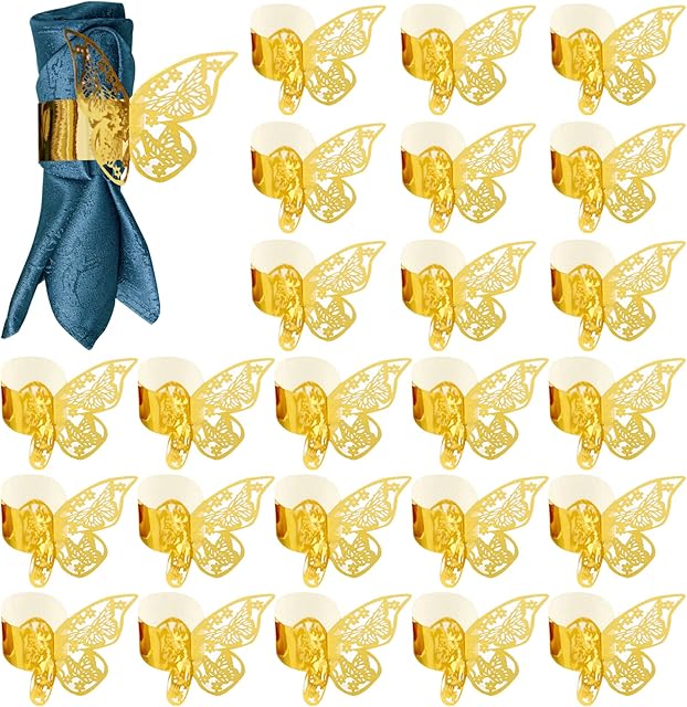 Napkin Rings, 100 Pcs Handmade Butterfly Foil Paper Shiny Napkin Holder for Christmas, Thanksgiving, Halloween, Wedding Party, Birthday, Family Dinner, Restaurant Serviette Table Decoration