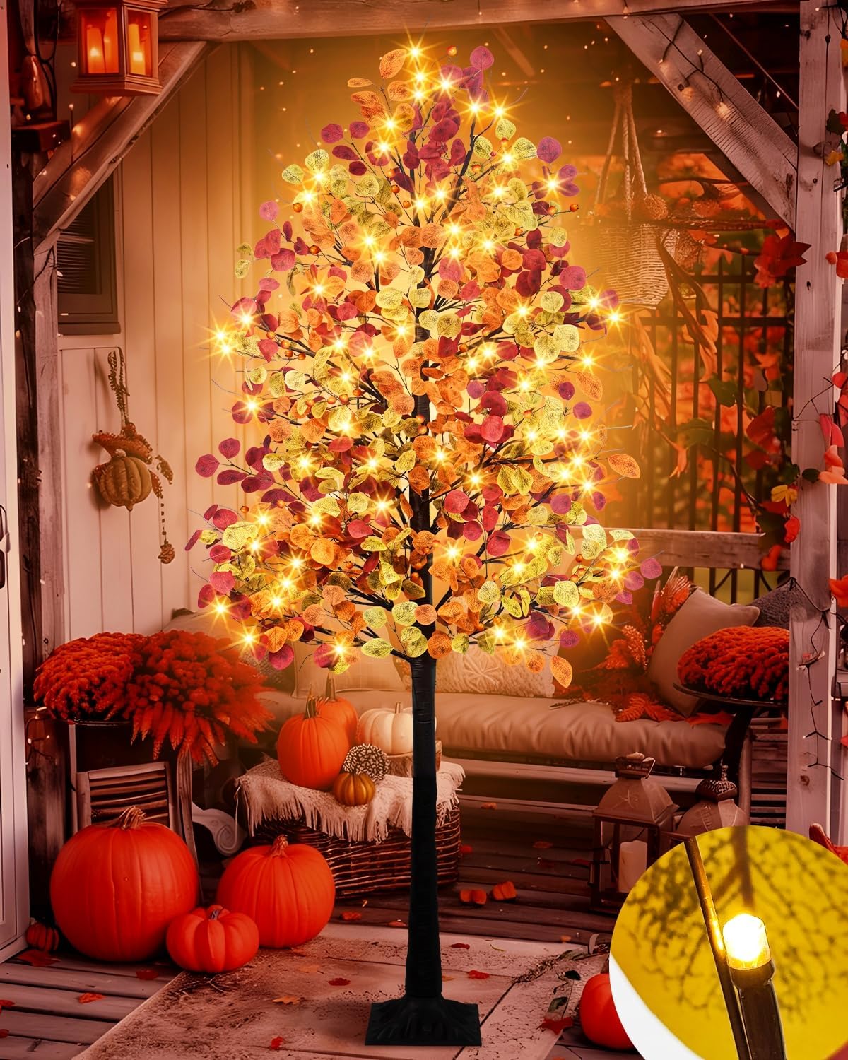 6FT 96LED Lighted Fall Tree Thanksgiving Decor, Artificial Fall Eucalyptus Tree with 384 Leaves Timer 8 Modes 3 Dimmable Level Light Up Fall Decorations for Home Indoor Outdoor Autumn Halloween