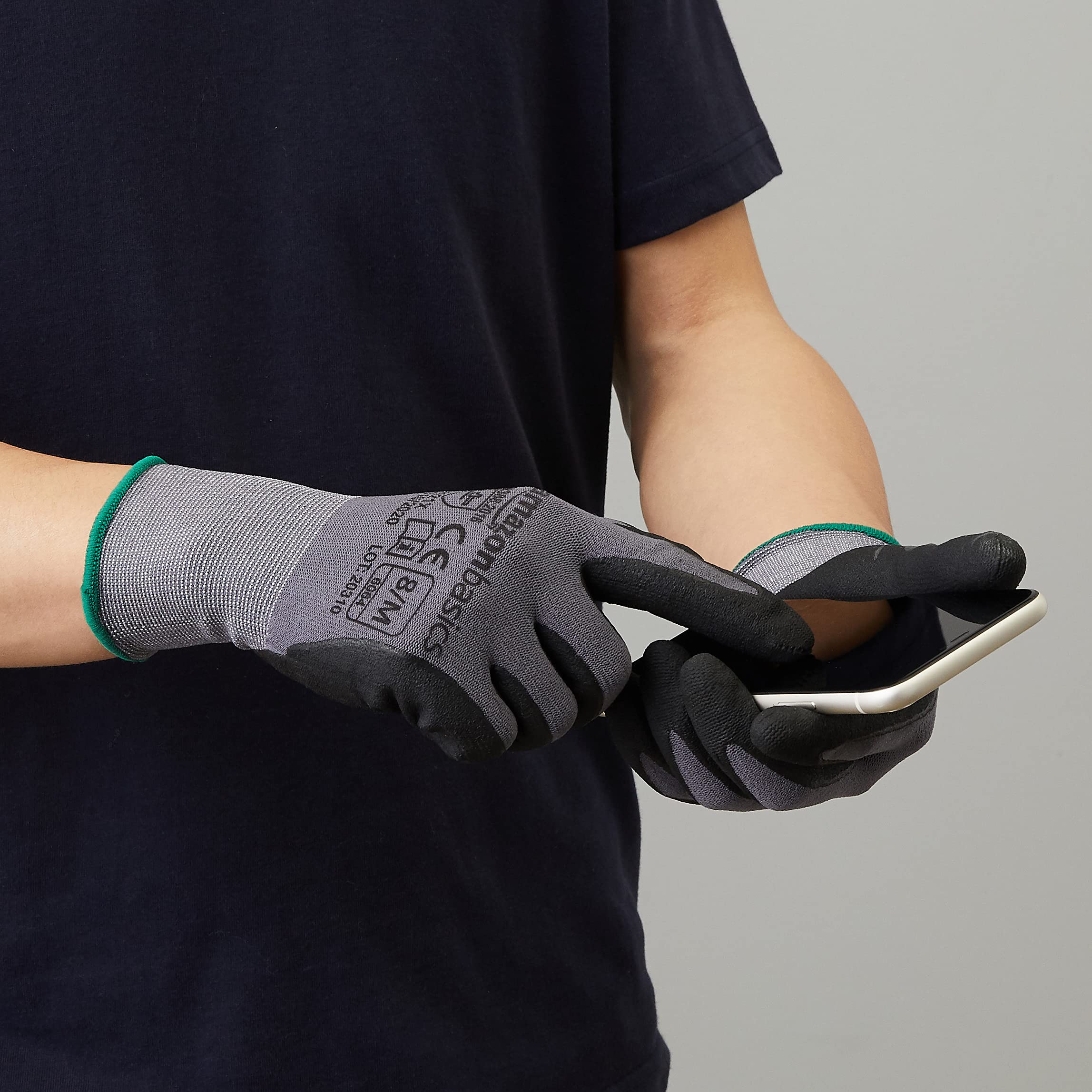 Amazon Basics Micro-Foam Nitrile Coated Gloves, Nylon Liner Fiber, Touch Screen, Grey, Size 8, Medium (Pack of 6)