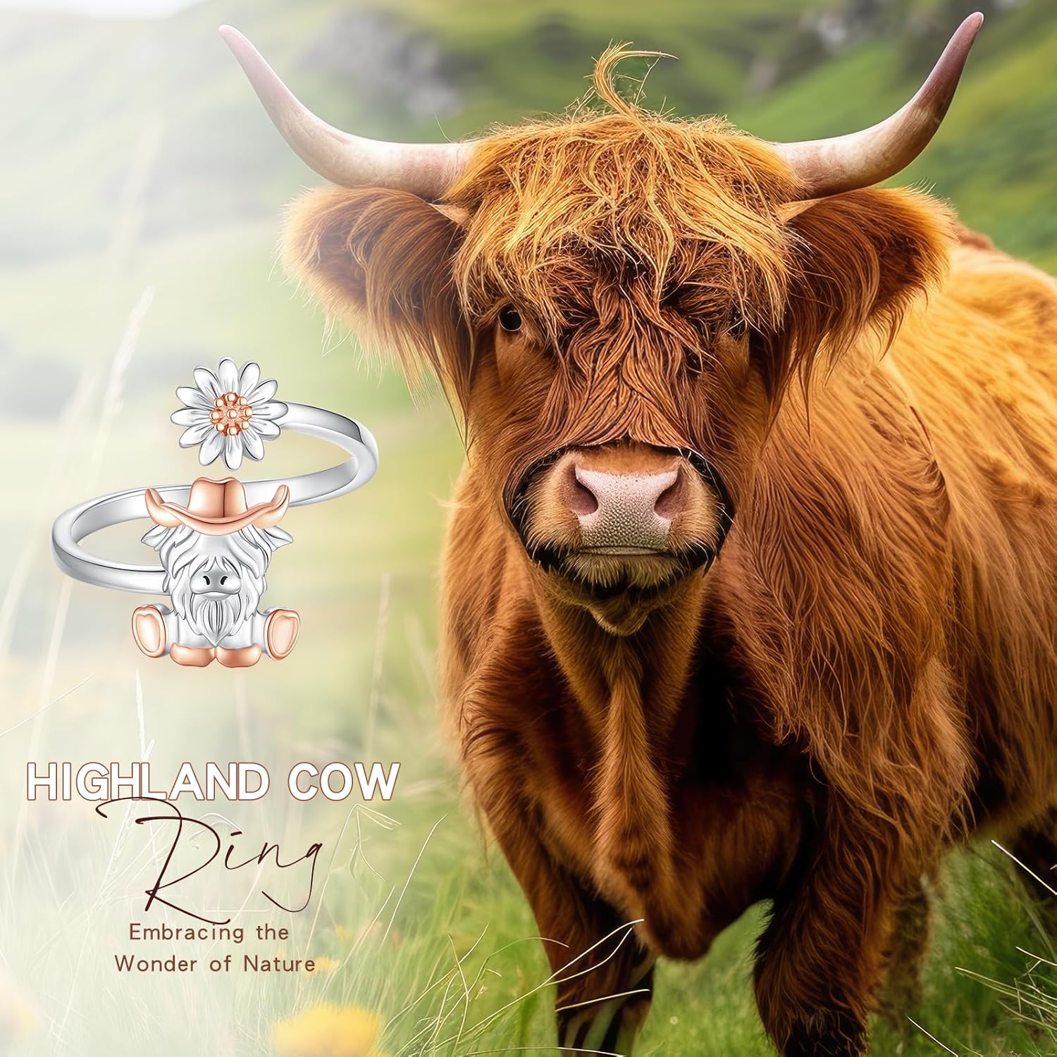 BEILIN Highland Cow Ring 925 Sterling Silver Adjustable Cute Animal Open Rings Cow Jewelry Gift for Women, white - Image 2