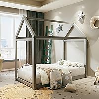 Vista 7 de Merax Cama de casa de madera, cama de piso con listones de madera, no necesita somier, tamaño individual, gris