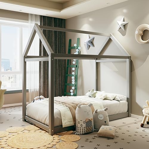 Miniatura 7 de Merax Cama de casa de madera, cama de piso con listones de madera, no necesita somier, tamaño individual, gris