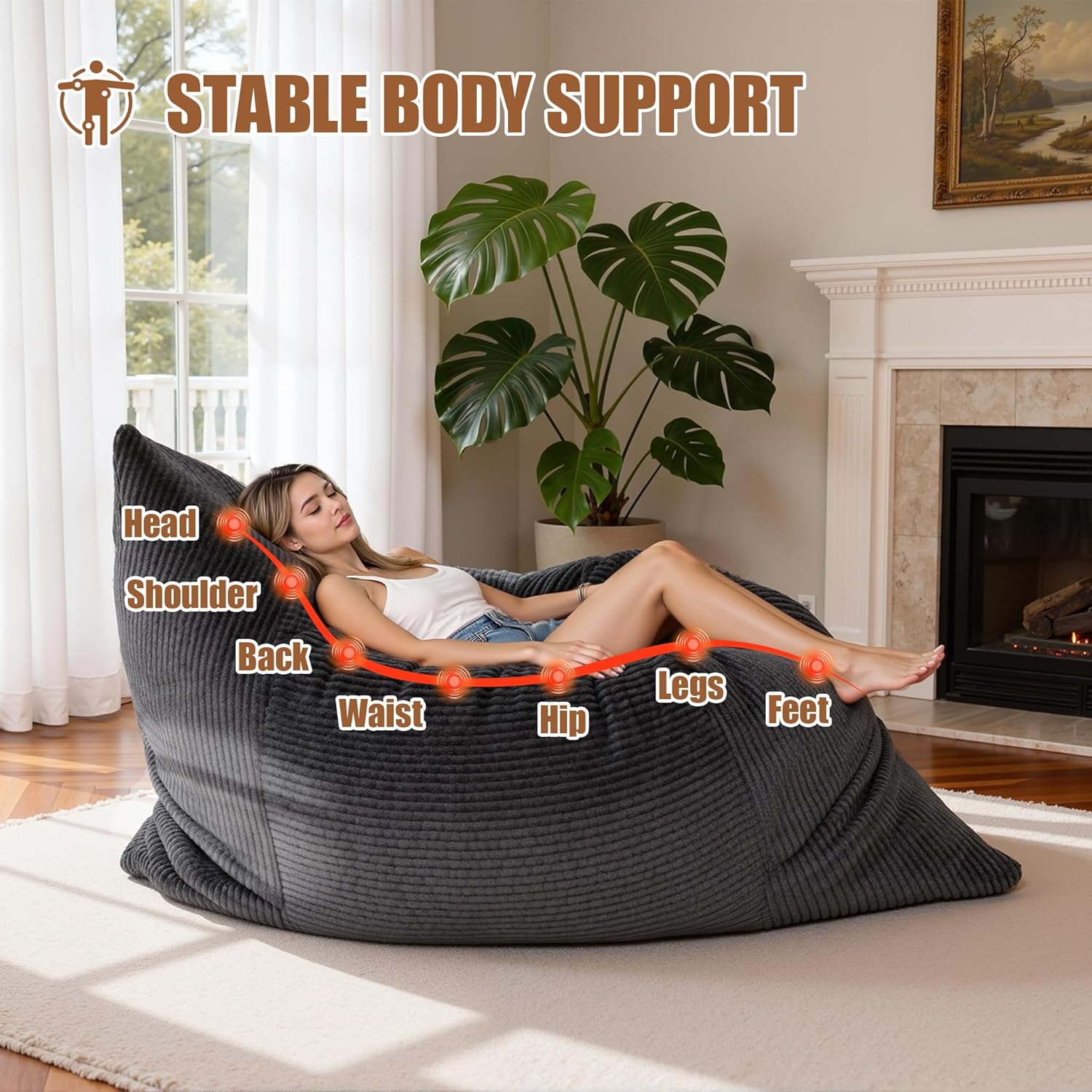 4 in 1 Giant Bean Bag Chair for Adults & Kids, 75” Beanbag Couch with High-Density Memory Foam Filling, Multifunctional Floor Sofa Lounger Suitable for Living Room Bedroom Apartment (Grey)