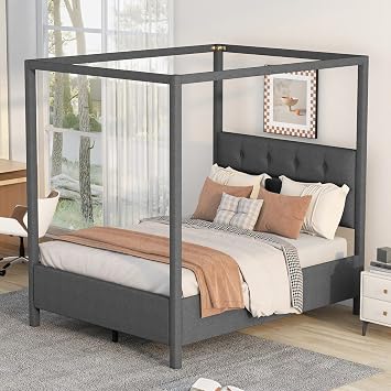 KLMM Modern Full Size Upholstery Canopy Platform Bed with Slat Support Legs, Suitable for Children, Teens and Adults, No Box Spring Needed