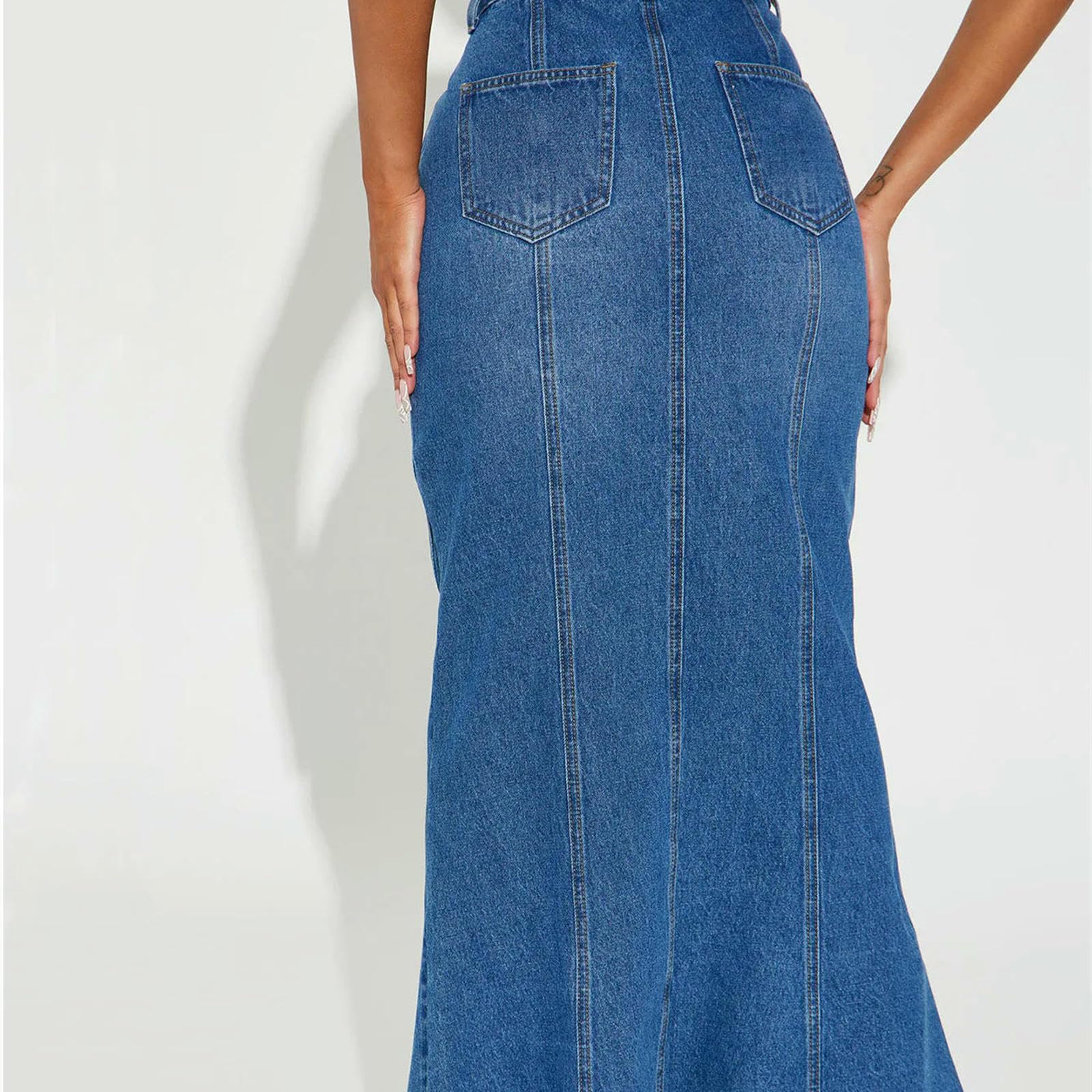 Langer Rock Damen Denim Langrock Frauen Eine Linie Dehnbare Röcke Freizeitpocket Reißverschluss Fliege Vintage Hohe Taille Streetwear-blau-l