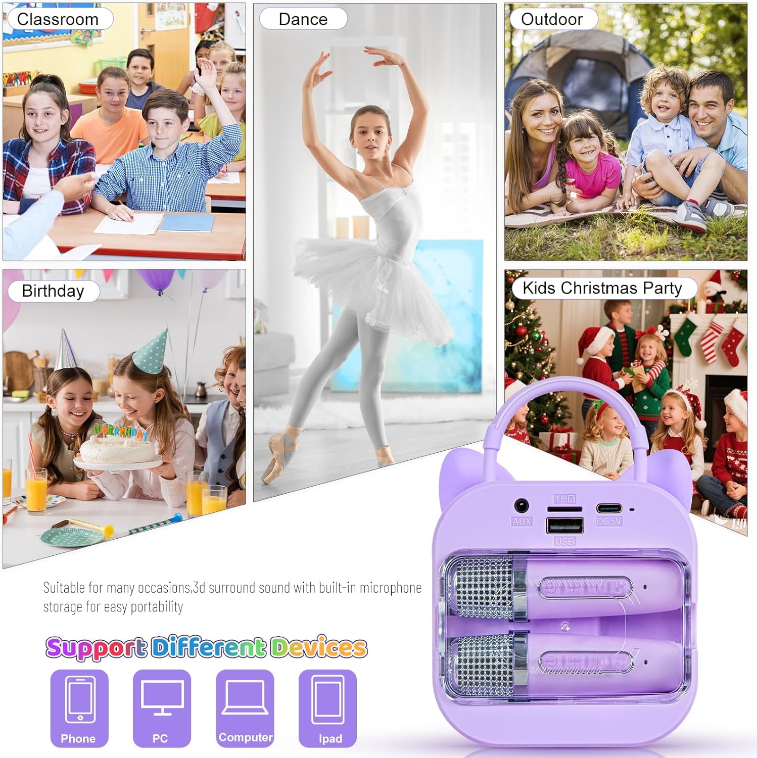 Mini Karaoke Machine for Kids with 2 Wireless Microphones - Toys Gift for Boys Girls Ages 4, 5, 6, 7, 8, 9,10,11,12+Year Old - Christmas, Birthday, Party Singing Gift (Purple) - Image 6