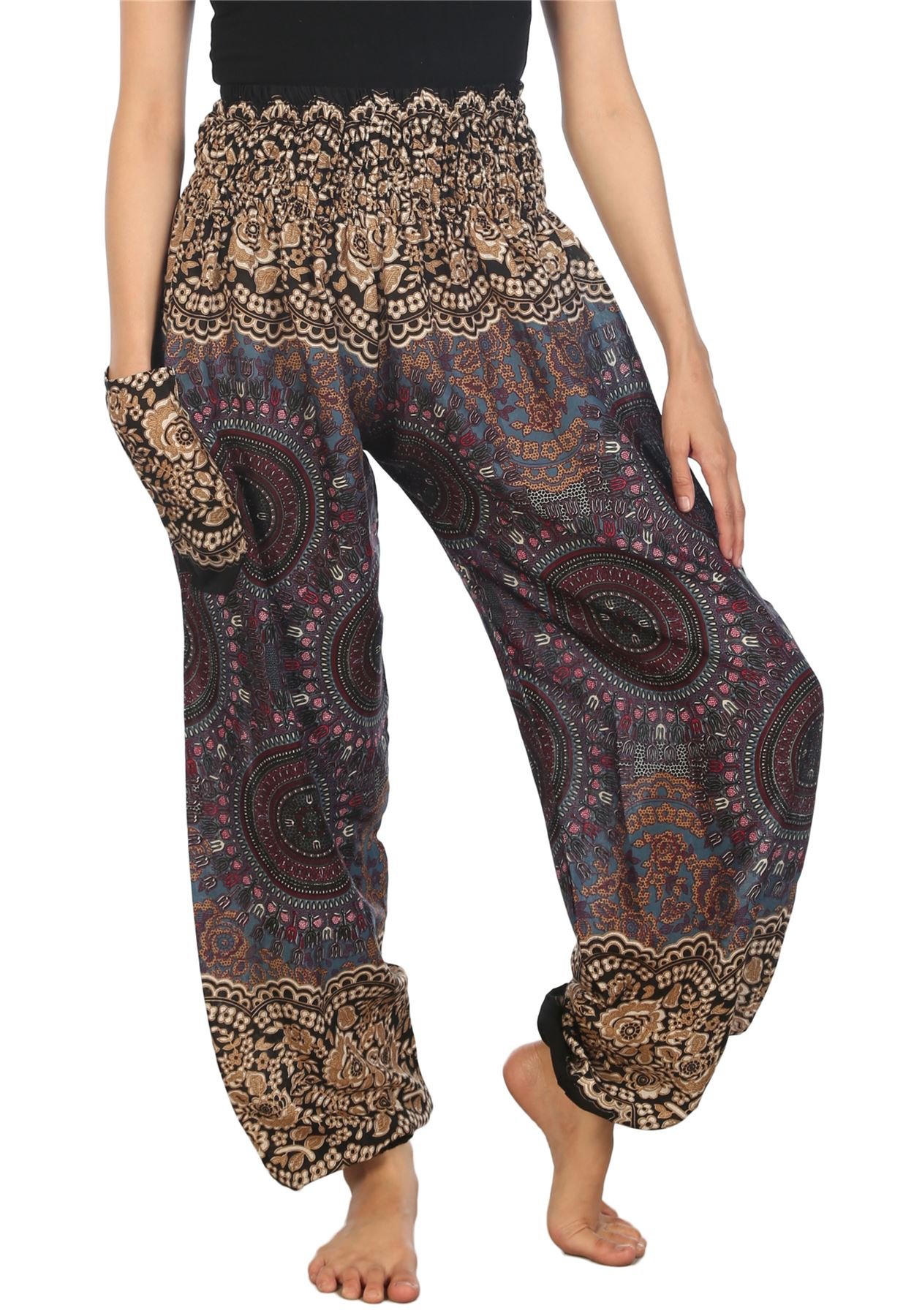 Lofbaz Haremshose Damen Boho Yogahose Pumphose Hippie Hose Kleidung Festival Outfit Sommerhose Leicht Sommer Hosen - Rose 2 Grau XXL Große Größen