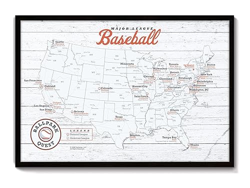 GeoJango Framed Baseball Stadium Map, Wood Edition - Sports Gift For Baseball Fans - Includes 35 Red Map Push Pins (Red)