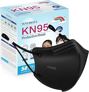 WWDOLL Kids KN95 Face Mask 50 Pack, 5-Layers Breathable KN95 Masks for Children, Black