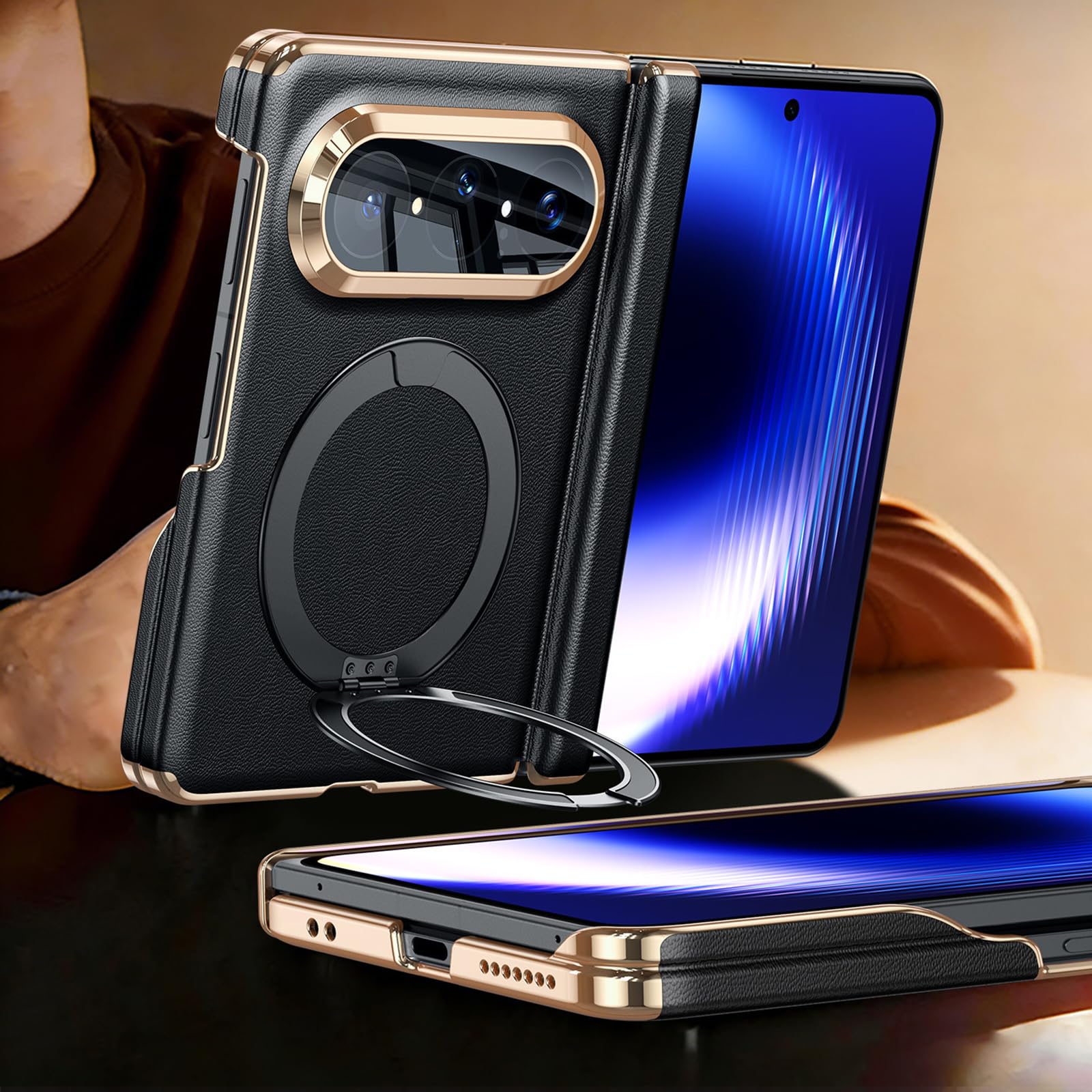 Coque Cuir Véritable Pour Huawei Pura X Max, Anneau Béquille Housse Arrière