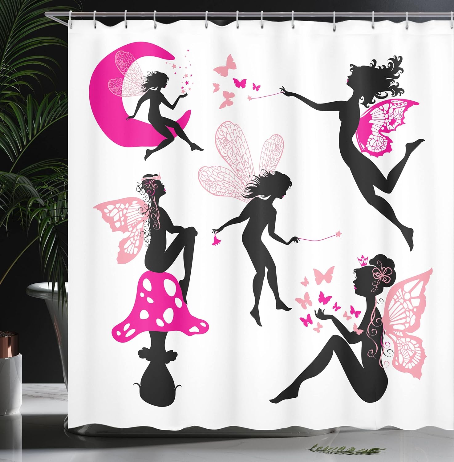 Ambesonne Tale Shower Curtain, Girl Silhouettes Sitting on Moon Mushroom Winged Dreamy Cartoon, Cloth Fabric Bathroom Decor Set with Hooks, 69" W x 70" L, Hot Pink Rose Black