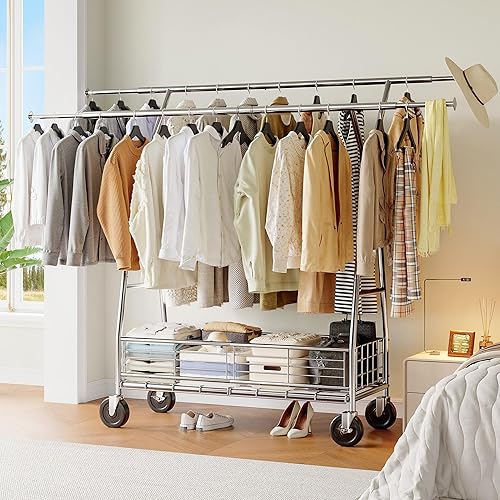 Miniatura 8 de Raybee Perchero resistente de 630 libras, percheros para colgar ropa, barras dobles con cesta de almacenamiento, perchero portátil para ropa pesada,